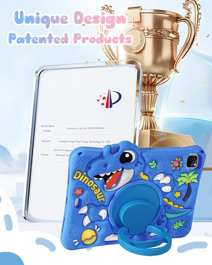 Boaretiu for iPad Air M4/M3/M2 11"/Air 4th/Air 5th Gen/for iPad Pro 11"(1/2/3/4) Case - Cute Cartoon Silicone Cover with Adjustable Shoulder Strap & Rotating Stand for Kids Boys Girls, Blue Dinosaur