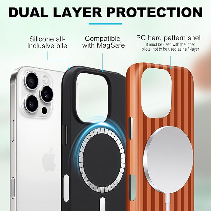 Magnetic for iPhone 15 Case Cute Stripes Phone Case, Shockproof Slim TPU and Hard PC Protective Phone Cover Compatible with MagSafe Designed for Women Girls, Deep Brown
