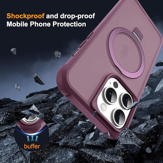 SKYLMW Compatible with iPhone 12 Pro Max Case & iPhone 13 Pro Max Case with Invisible Magnetic O-Ring Stand Translucent Phone Cases 6.7" [Compatible with Mag-Safe][Great Grip Feeling], Wine Red