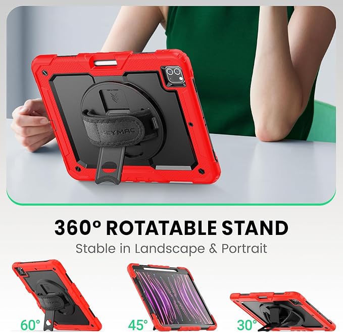 SEYMAC Case for iPad Pro 12.9 2022/2021/ 2020/2018, Heavy Duty Protection Shockproof Case with Screen Protector, 360° Rotating Stand/Handle/Shoulder Strap, Supports Pencil 2 Charging, Red