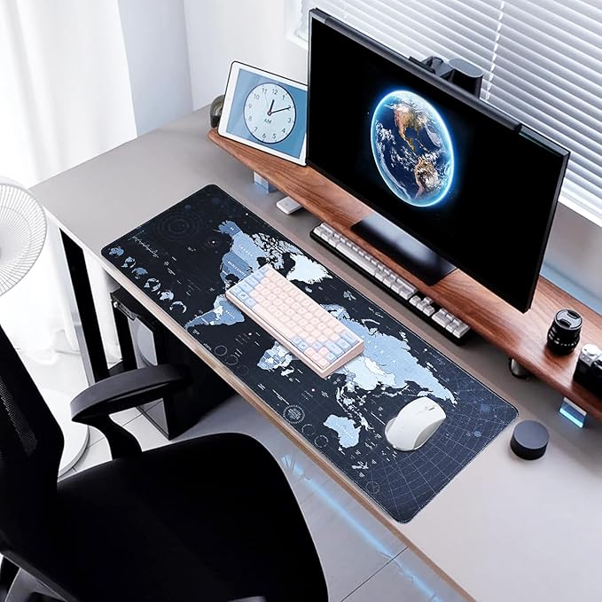 Gaming Mouse Pad XL XXL With World Map (31.5 x 11.8in) - Desk Mat, Large Keyboard Mat 3MM Anti Slip and Waterproof Rubber (Black)