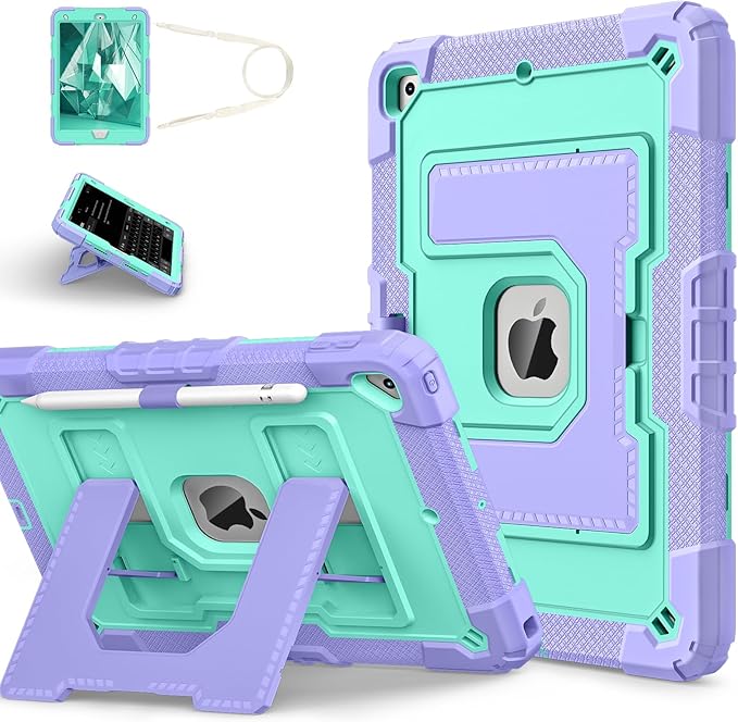 Kids Friendly Case for Apple iPad 10.2" 9th 8th 7th Generation 2021/2020/2019 Case with Pencil Holder & Shoulder Strap, Military Grade Shockproof Kickstand Hard Shell Protective Cover,Purple+Mint