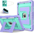 Kids Friendly Case for Apple iPad 10.2" 9th 8th 7th Generation 2021/2020/2019 Case with Pencil Holder & Shoulder Strap, Military Grade Shockproof Kickstand Hard Shell Protective Cover,Purple+Mint