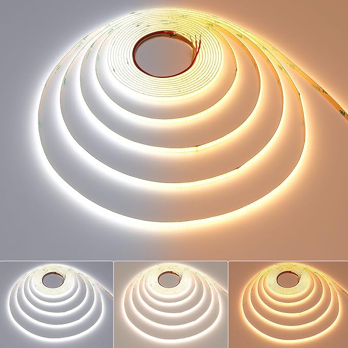 TOPAI 5mm Ultra Thin 24V COB LED Strip CCT Dimmable White 2700-6500K CRI>90+ Dotless 16.4ft 608LEDs/M High Density Cuttable Flexible Self Adhesive for Cabinet Home DIY Lighting