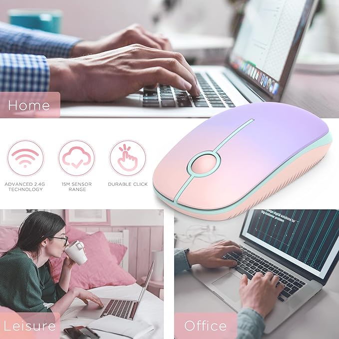 Unipows Wireless Mouse - 2.4G Slim Portable Computer Mouse with Nano Receiver, Less Noise Mobile Optical Mice for Notebook, PC, Laptop, Computer, Mac (Gradient Pink to Purple)