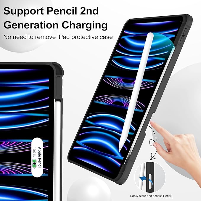 JKSML Case for iPad Pro 11, Case with Pencil Holder for iPad Pro 11 Inch 4th/3rd/2nd Generation 2022/2021/2020, Transparent Protective Cover for iPad Pro 11, Supports Pencil 2 Charging, Black