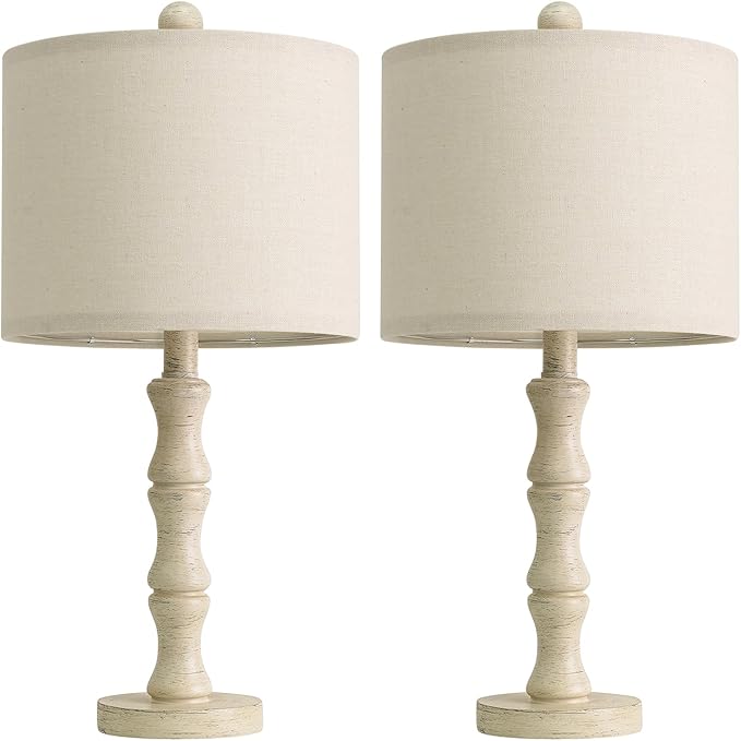 BOBOMOMO 20.5" Farmhouse Bedside Lamps Set of 2, Vintage Nightstand Lamps with Antique White Resin Base & Linen Shade, Small Table Lamps for Bedroom, Living Room, Nursery & Light Neutral Home Décor