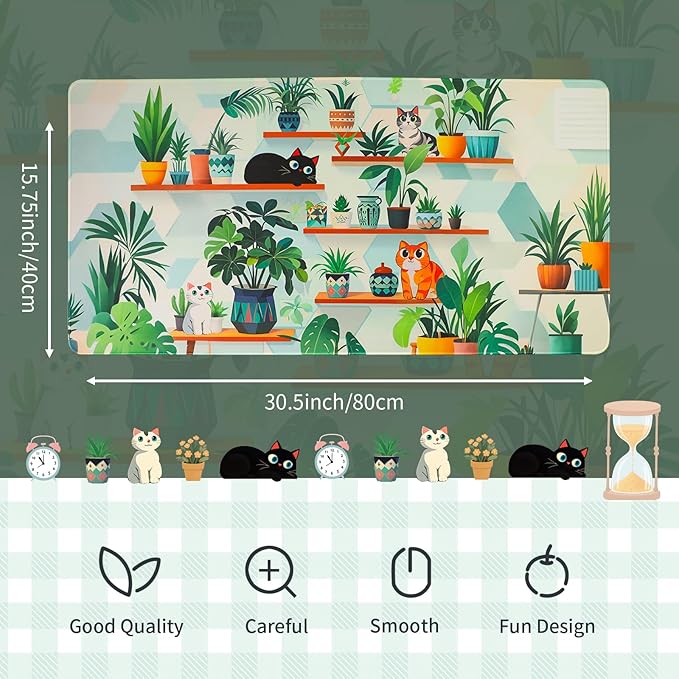 PERFECTSIGHT Cute Cat Desk Pad Kawaii Plant Kitty Desk Mat, Large Gaming Mouse Pad, Funny Deskmat Mousepad, Laptop Keyboard Pad Office Home Decor for Women Girls, Green