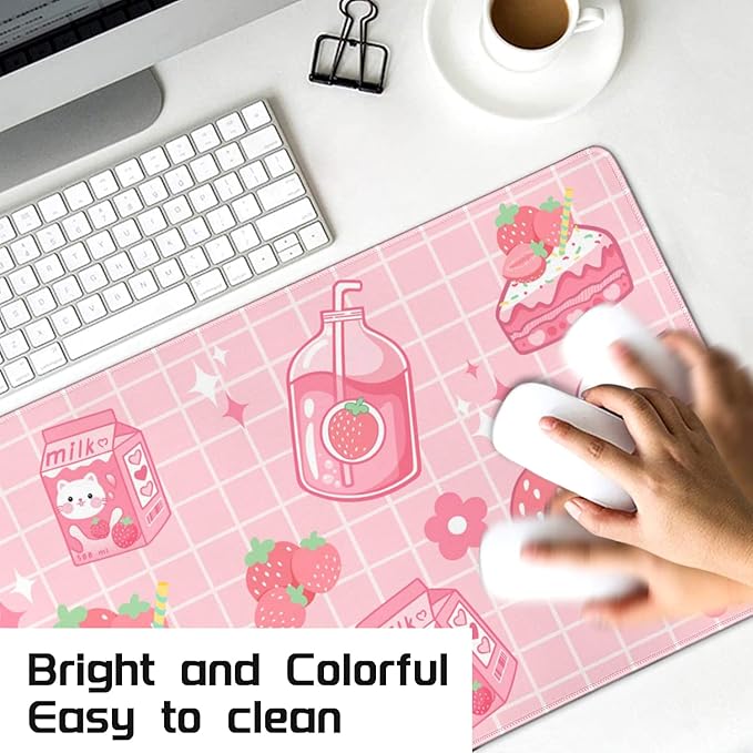 Kawaii Gaming Mouse Pad, Extended Large Cat Strawberry Milk, Pink, 31.5 X 11.8 Inch