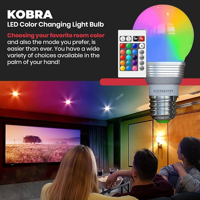 Kobra LED Color Changing Light Bulb with Remote Control - 16 Different Color Choices Smooth, Fade, Flash or Strobe Mode - Smart Remote Lightbulb - RGB & Multi Colored