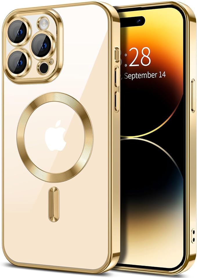 Hython Magnetic Clear for iPhone 14 Pro Max Case with Camera Lens Protector [Compatible with MagSafe] Plating Edge Slim Soft TPU Cover Protective Phone Case for iPhone 14 Pro Max 6.7", Gold