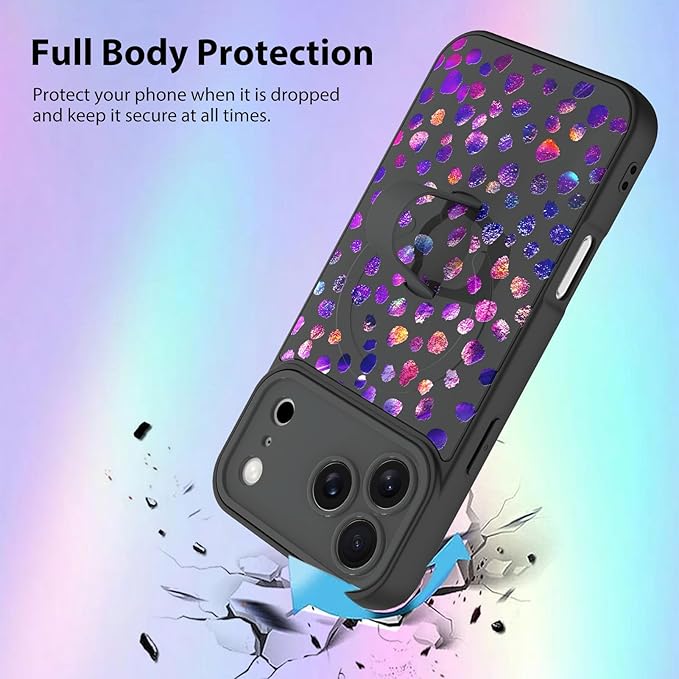 KANGHAR Compatible with iPhone 17 Pro Max Case, Support for MagSafe, Silicone Cute Iridescent Pattern Leopard Print Cheetah, Wristband Kickstand Shockproof Soft Slim Cover for Girls Women, Black