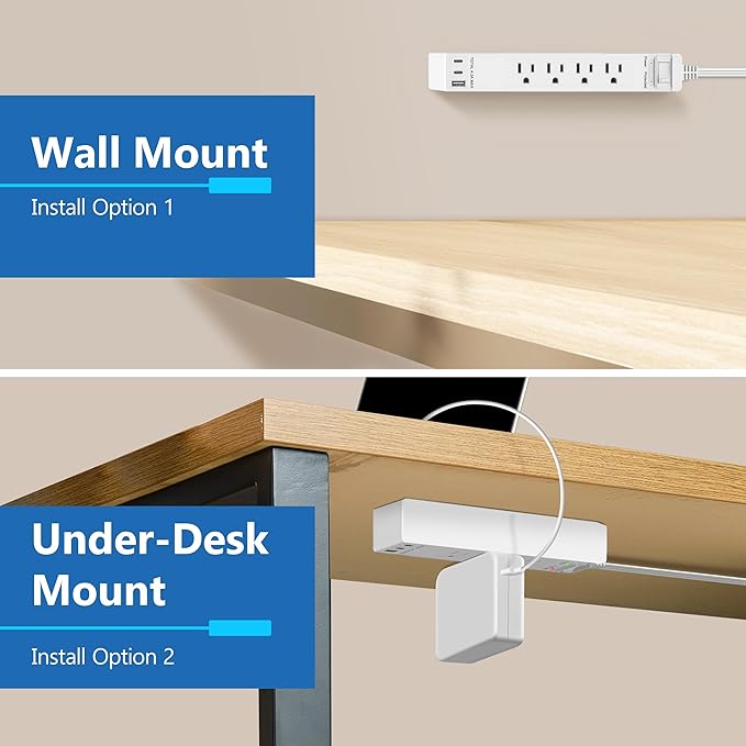 LIDER Outlet Extender with 4 Receptacles, USB Type-A and 2 USB Type-C, Ultra-Thin Flat-Plug, 4-Outlet Power Strip, 45 Degree Angle, Surge Protector, 1500 Joules, 5ft Cord, UL-Listed, White, 2 Pack