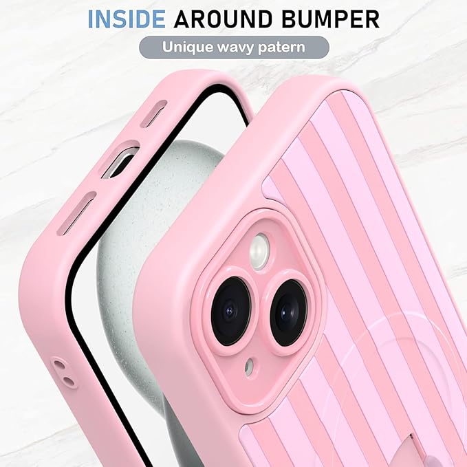 KANGHAR Compatible with iPhone 15 Case, Support for MagSafe, Silicone Stripes Cute Pattern, Wristband Kickstand Camera Protection Soft Slim Cover for Girls Women -Pink