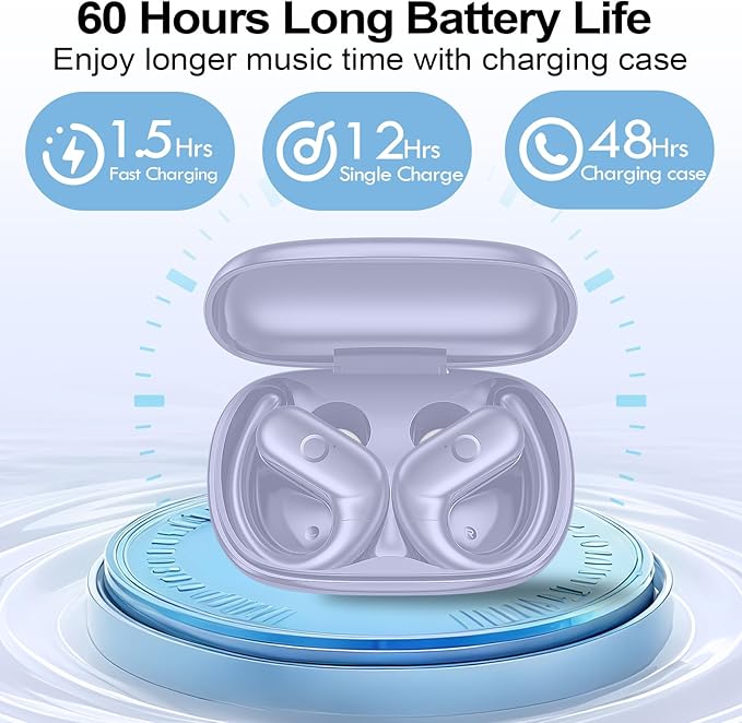xiwxi Wireless Earbuds Bluetooth Headphones,Over Ear Buds for Sport with Deep Bass Sound,60Hrs Playtime Earphones Designed Comfort Fit with Earhooks for Running,Meeting,Workout-Purple
