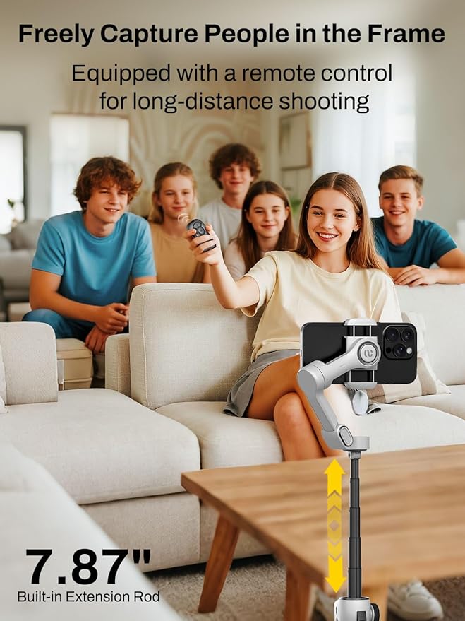 AOCHUAN Smartphone Gimbal Stabilizer for iPhone & Android, 3-Axis Phone Gimbal with Bluetooth Remote Control, Built-in 7.8” Extendable Rod, Face Tracking, Video Stabilizer – Smart V8 Kit White