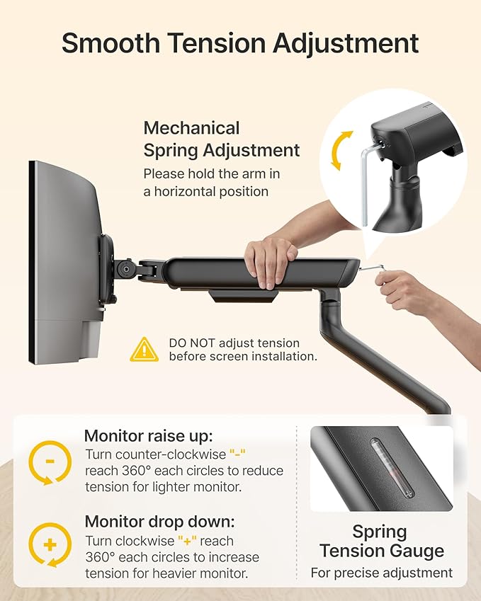 monTEK Single Monitor Arm, Mechanical Spring Monitor Arm for 17-40" Ultrawide Screens, Adjustable Monitor Desk Mount Holds up to 26.4 lbs with C Clamp/Grommet Desk Mount, VESA 75/100mm