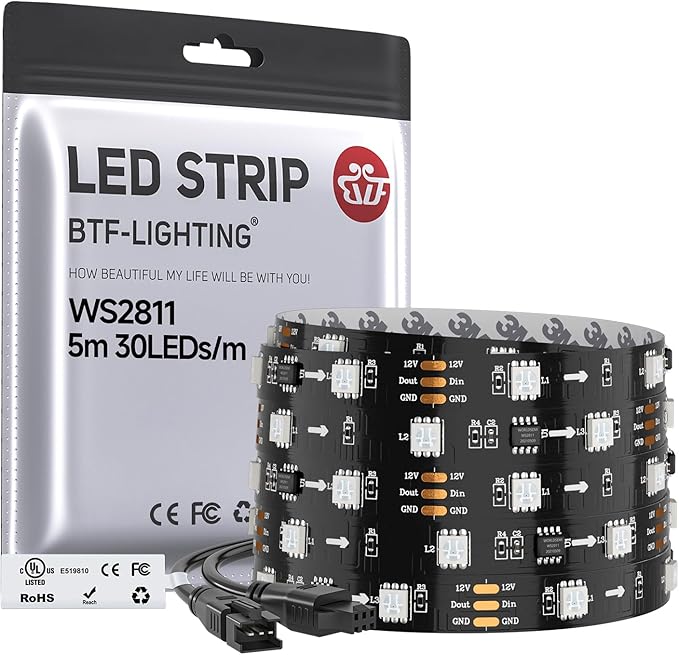 BTF-LIGHTING UL Listed WS2811 IC=RGB+IC Addressable Color RGB LED Strip,16.4FT 30LED/m 10Pixels/m,IP30 Black PCB Flexible DC12V Chasing Effect for Indoor Home Decor,3M Tape(No Adapter or Controller)
