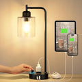Industrial Bedside Table Lamp for Bedroom - Nightstand Lamps with USB C Charging Port, Fully Dimmable Black Ports and Outlets, Small Desk Glass Shade Office Living Room