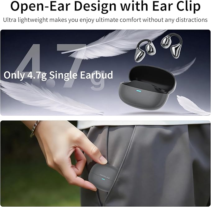 Open Ear Earbuds I5, Bluetooth 6.0 Headphones for Gym & Running, IPX5 Sweatproof, 36H Playtime, Secure Clip-On Fit for Work & Sports (4-Gray)
