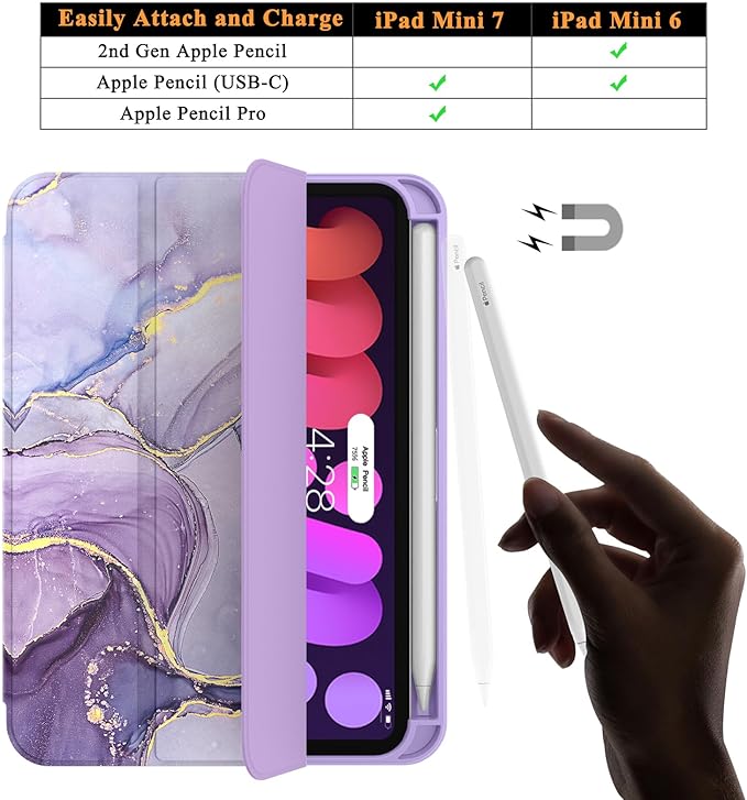 Soke Case for iPad mini 7(A17 Pro) 2024/iPad Mini 6 2021 8.3 inch with Pencil Holder-[Pencil Charging + Auto Wake/Sleep], Soft TPU Back Cover for iPad mini 7th/6th Generation(Lilac Marble)