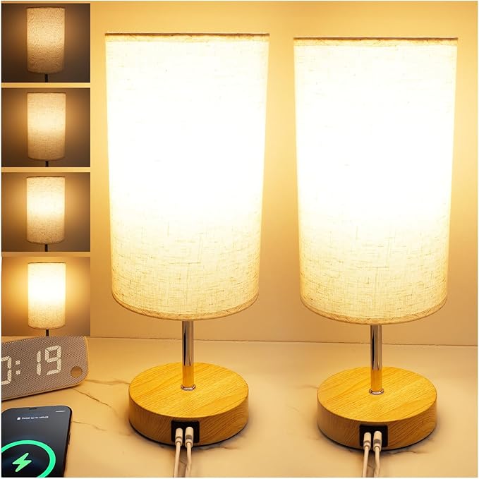 UNIFUN Bedside Lamps 2 Pack - 4 Way Dimmable Touch Nightstand Lamp with USB & Type-C Charging Port, Small Wood Base with Round Linen Fabric Shade for Bedroom, Living Room