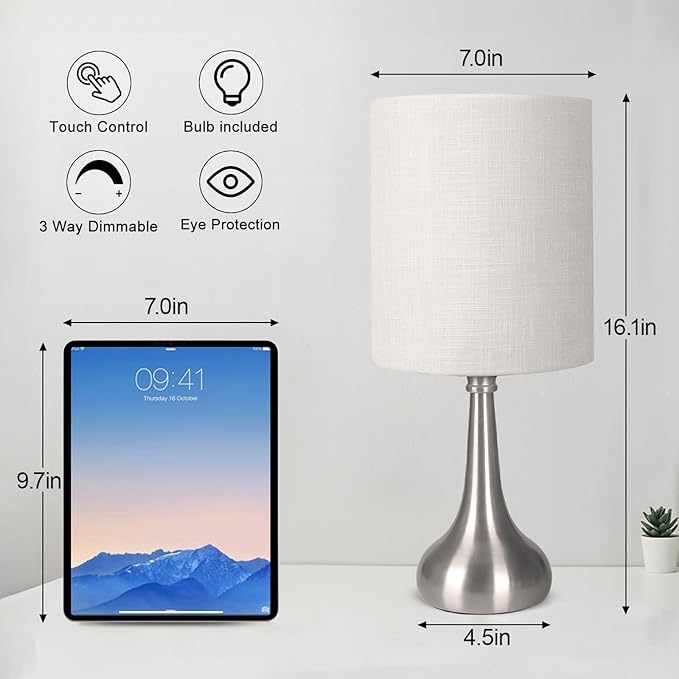 Touch Control Table Lamp, 3 Way Dimmable Simple Night Light Lamp with White Lampshade Silver Metal Base, Small Bedside Table Lamp for Bedroom, Office, Dorm, A19 9W 3000K Bulb Included