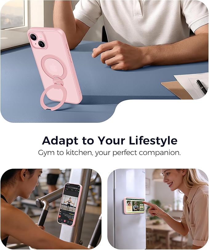 FNTCASE for iPhone 15 Plus Case: iPhone 14 Plus Phone Case [360 Spin Magnetic Stand] [Compatible with Magsafe] [Screen Protector] Translucent Matte Military Grade Shockproof Phone Cover - Pink