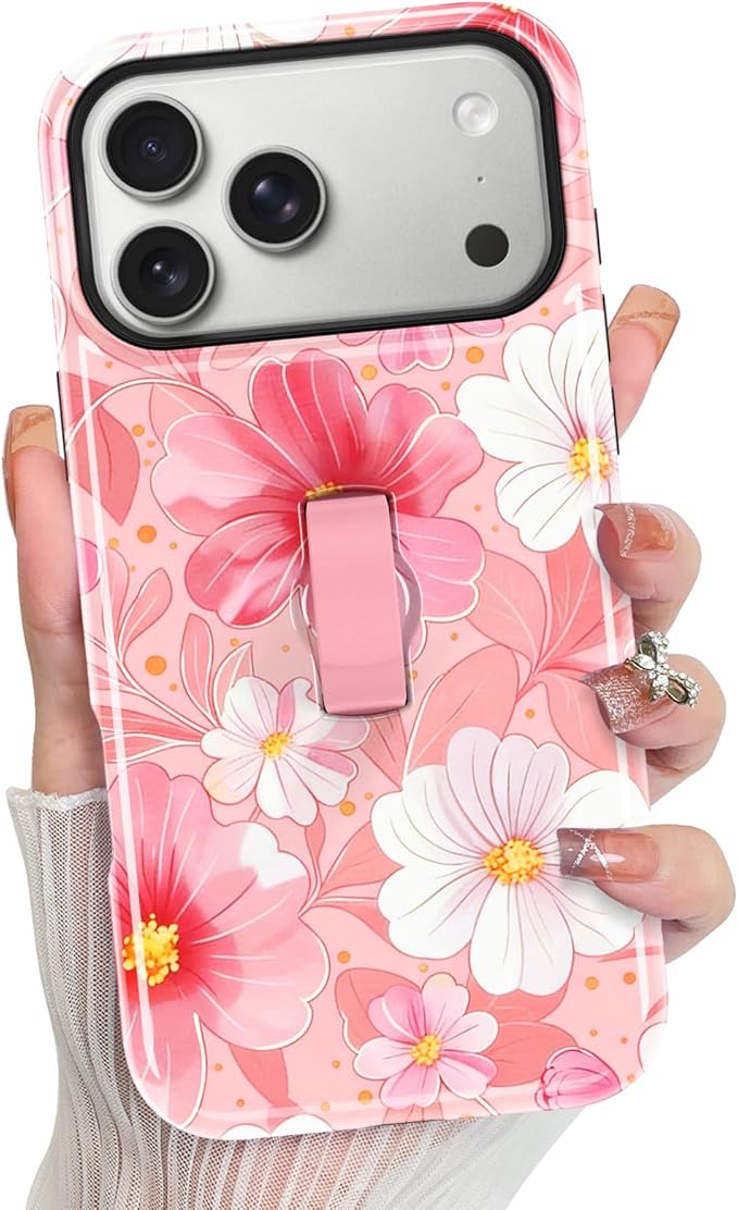 KANGHAR Compatible with iPhone 17 Pro Case, Support for MagSafe, Silicone Flower Floral Cute Pattern, Finger Hold Wristband Kickstand Camera Protection Soft Slim Phone Case for Girls Women -Pink