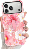 KANGHAR Compatible with iPhone 17 Pro Case, Support for MagSafe, Silicone Flower Floral Cute Pattern, Finger Hold Wristband Kickstand Camera Protection Soft Slim Phone Case for Girls Women -Pink