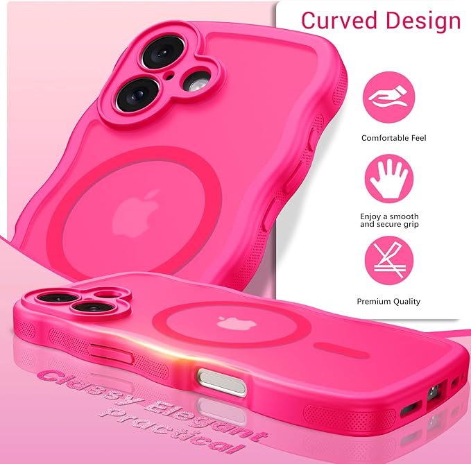 BENTOBEN Magnetic for iPhone 17 Case, Cute Wavy Full Camera Protection [Compatible with MagSafe] Translucent Matte Anti-Slip Bumper Women Girls Boys Protective Cover for 17 6.3",Hot Pink