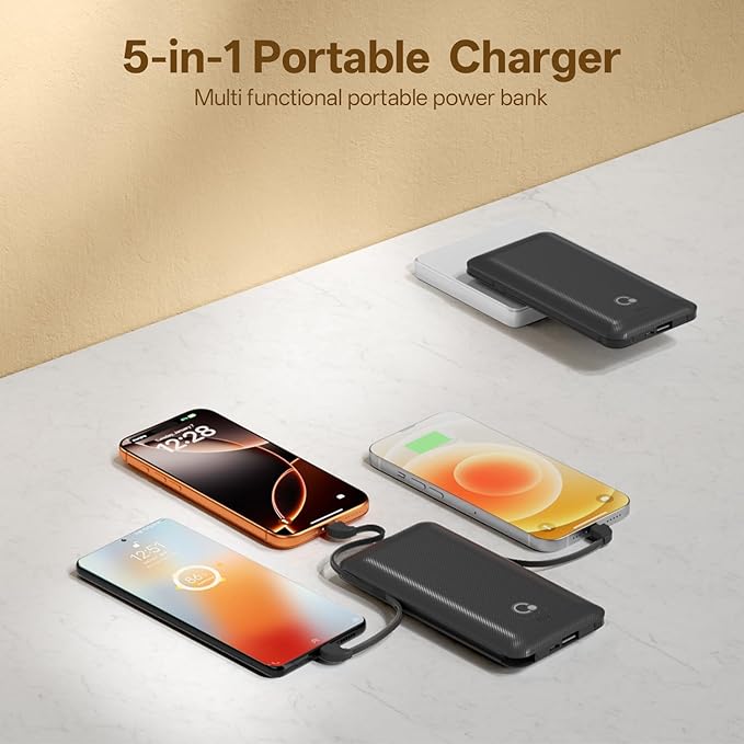 Brand Q Portable Charger with Built-in Cables and AC Wall Plug,Slim USB C Travel Essential Power Bank 10000mAh,External Battery Pack Compatible with iPhone,Samsung,Tablet and All Smart Phones