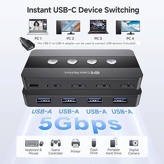 Cable Matters 4 Port USB 3.0 Switch USB Sharing Switch for 4 Computers and USBA Peripherals - Button or Wireless Remote Control Switching - Includes a USBC Adapter for USBC USB4 and Thunderbolt 4