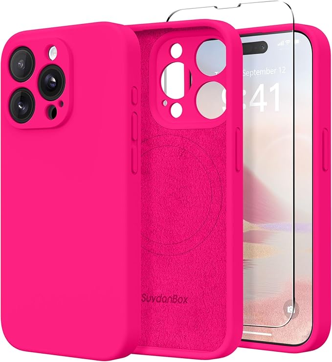 Magnetic for iPhone 14 Pro Case, Compatible with MagSafe, [Full Camera Protection][Screen Protector] Silicone Shockproof Protective Phone Case for iPhone 14 Pro 6.1", Hot Pink