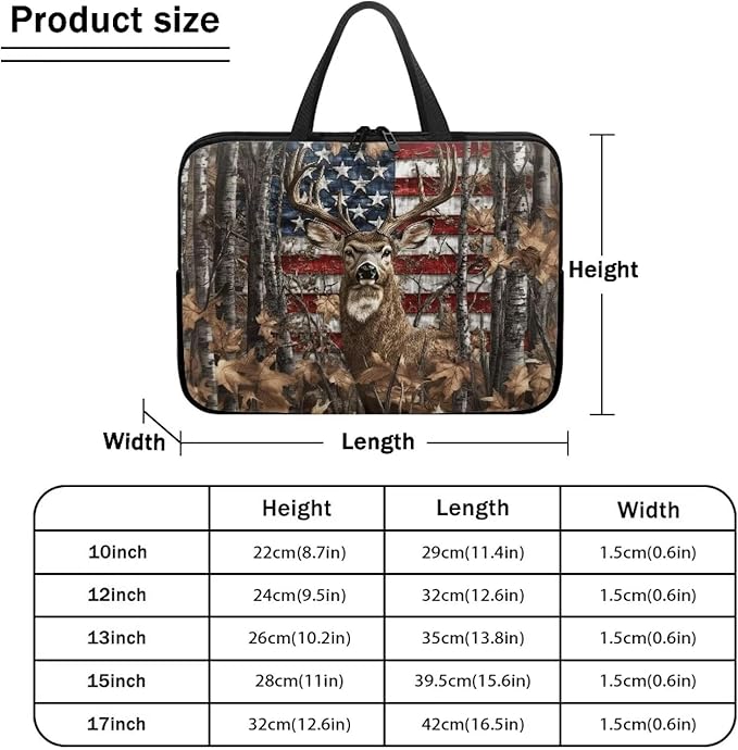 American Flag Deer Forest 17 Inch Laptop Sleeve for Men Women Portable Computer Bag with Handle Tablet Cover Laptop Tote Bag Carrying Case Handbag for Office Travel Business School