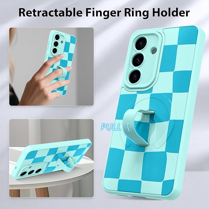 KANGHAR Compatible with Samsung Galaxy S26 Case, Support for MagSafe, Silicone Checkered Cute Pattern, Wristband Kickstand Camera Protection Soft Slim Cover for Girls Women -Blue