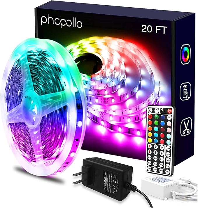 phopollo Led Lights 20ft for Bedroom Color Changing Luces Led para Decoracion RGB DIY Color Option with Power Supply and Remote