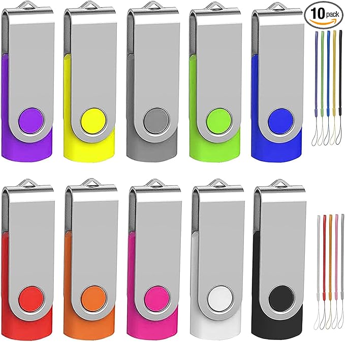 32GB Flash Drive 10 Pack, Wooolken USB 2.0 Thumb Drive Bulk Pen Drive Metal Swivel Memory Stick 32 GB 10 Colors Multipack Value Zip USB Drives with Lanyard