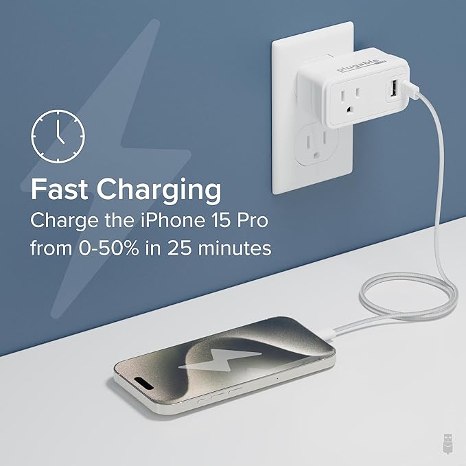Plugable Outlet Extender with USB-C & USB-A Fast Charging - Wall Charger Block for iPhone 15/16. Pass-Through Design, Travel & Office