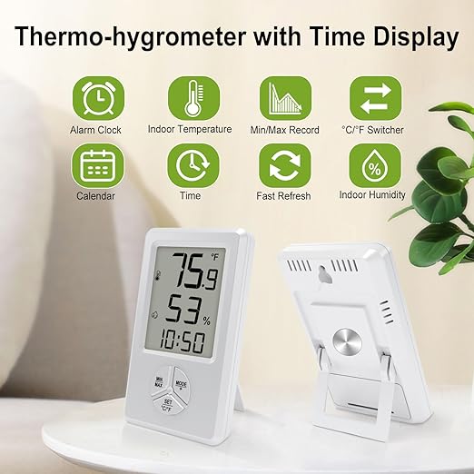 Urageuxy Digital Hygrometer Indoor Thermometer with Min Max Records, Humidity Gauge with Clock for Room, Home, Bedroom, Office, Greenhouse, Cellar