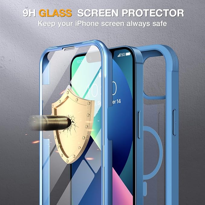 Miracase for iPhone 13 Case 6.1'', [Bubble Free] Full-Body Bumper Phone case with Built-in Full Glass Screen,No Gap,Compatible with MagSafe,Blue