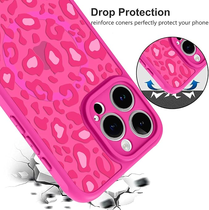 KANGHAR Case for iPhone 15 Pro Max Hot Pink Leopard Printed Pattern Cute Cheetah [Compatible with Magsafe] Protective Magnetic Case for Girls Women 6.7"