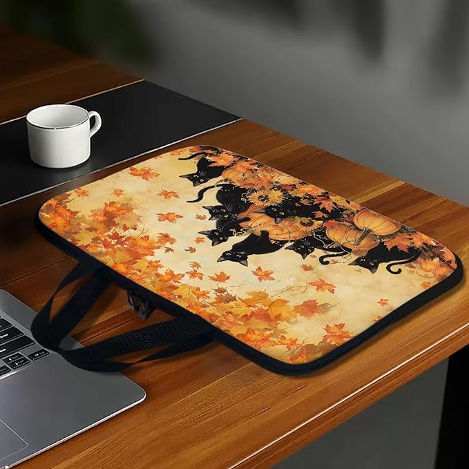 Cat Pumpkin Maple Leaf Laptop Sleeve, 10-17 Inch Portable Zipper Carrying Sleeve Case Bag Computer Tablet Handbag Case Thanksgiving Notebook Messenger Briefcase for Travel/Business