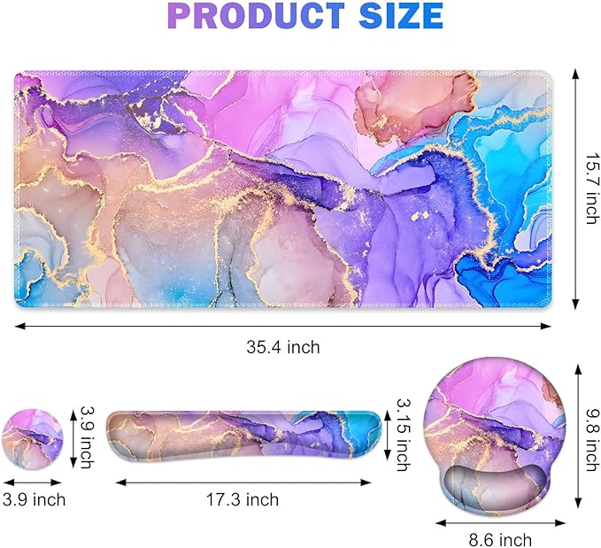 Gaming Mouse Pad, Large Desk Mat, Cute Desk Pad Protector, 4in1 XXL Mousepad + Keyboard Wrist Rest+Mouse Wrist Rest+Coaster Set with Ergonomic Desk Pad for Home Office PC Computer, Colorful Marble
