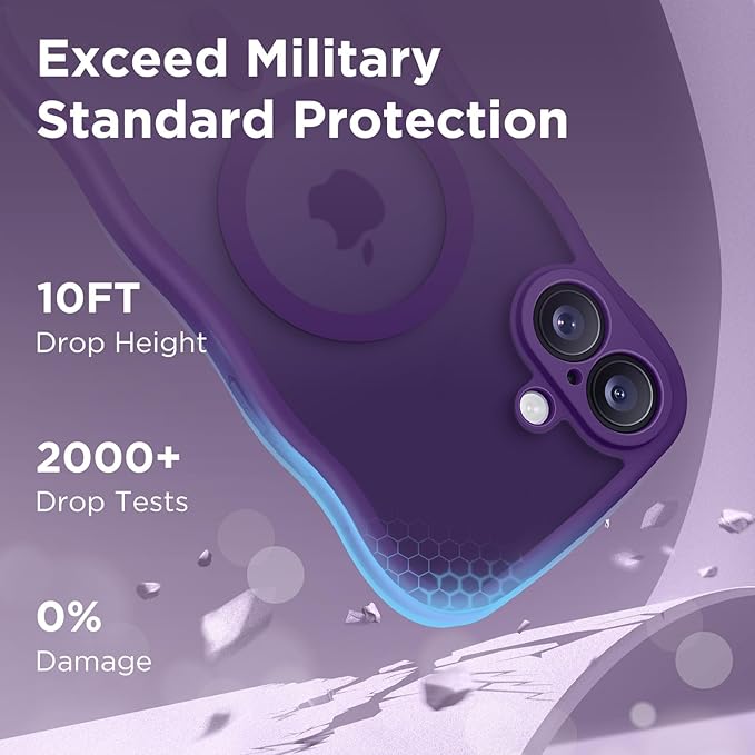 CAPRARO for iPhone 16 Case for Women Girls, Upgraded [Full Camera Protection] [Compatible with MagSafe] Cute Wave Translucent Matte Phone Case for iPhone 16, Deep Purple