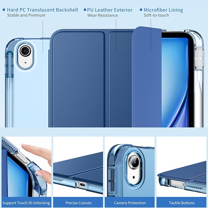 MoKo for iPad Air 11 inch Case (M4/M3/M2) 2026/2025/2024, iPad Air 5th/4th Gen 10.9 inch Case 2022/2020 with Pencil Holder, Slim Light Trifold Cover with Hard PC Translucent Back Shell, Denim