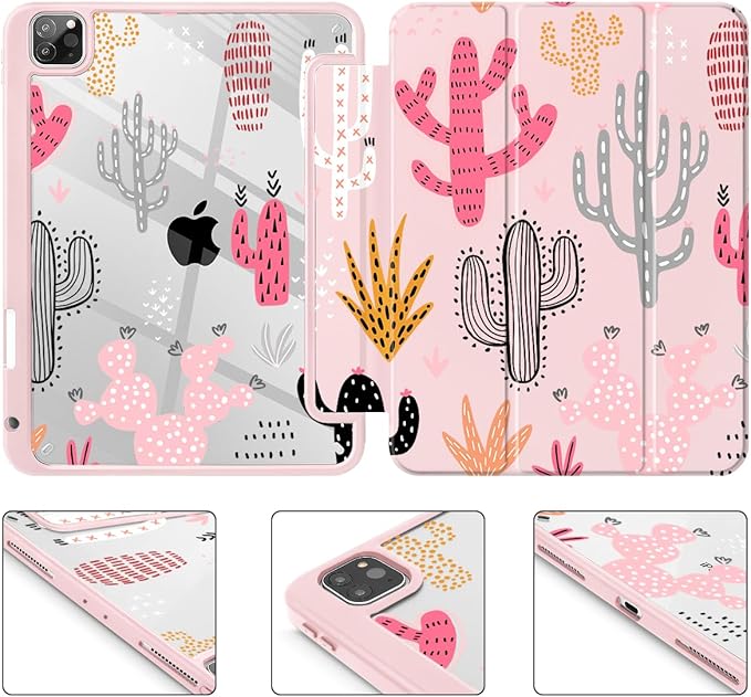 Tuiklol for iPad Pro 12.9 Inch 6th/5th/4th/3rd Generation 2022 2021 2020 2018 Case,Built-in Pencil Holder Clear Transparent Protective Back Shell Cover with Auto Sleep/Wake, Cactus