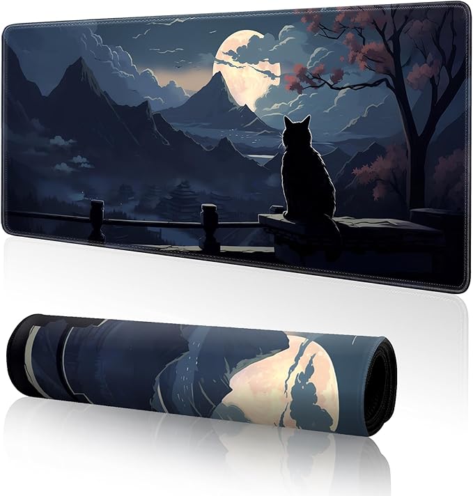 Moon Cat Large Gaming Mouse Pad,Black XL Mouse Pad Gaming 31.5 x 11.8 in Mouse Mat Desk Pad,Large Desk Mat,Extended Keyboard Pad Mousepad with Non-Slip Base and Stitched Edge for Office Home Gaming