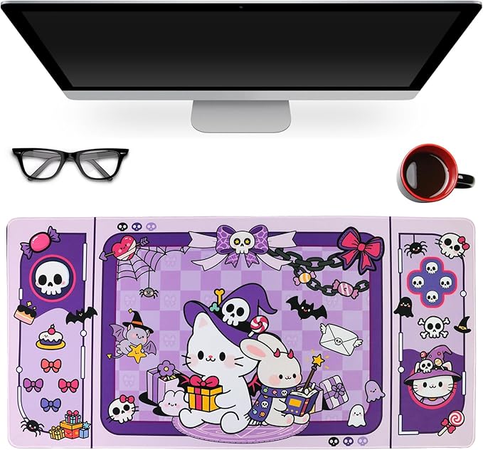 PERFECTSIGHT Cute Cat Desk Pad Kawaii Kitty Desk Mat, Large Gaming Mouse Pad, Funny Halloween Deskmat Mousepad, Anime Laptop Keyboard Pad Office Home Decor for Women Girls, Purple