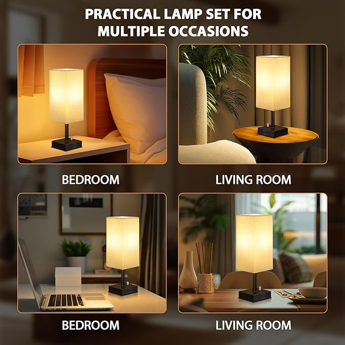 aooshine Fully Dimmable Nightstand Lamps Set of 2 - Table Bedside Lamp with USB C+A Charging Ports & 2 AC Outlets, Square Lamp Sets Linen Fabric Shade for Bedroom Living Room(Bulb Included)
